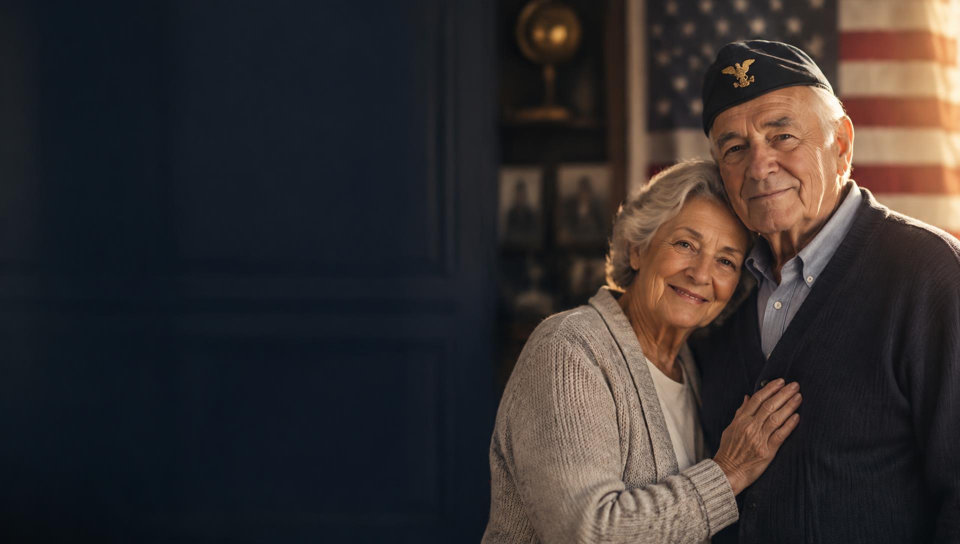 An older U.S. veteran and his wife standing together in front of an American flag